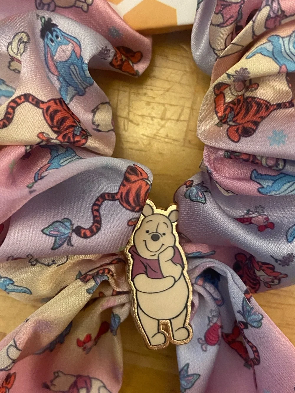 Disney Winnie the Pooh Pink and Lavender Bow Scrunchie w Pooh charm NWT